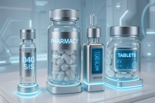 High-tech luxury pharmaceutical products with futuristic scientific design